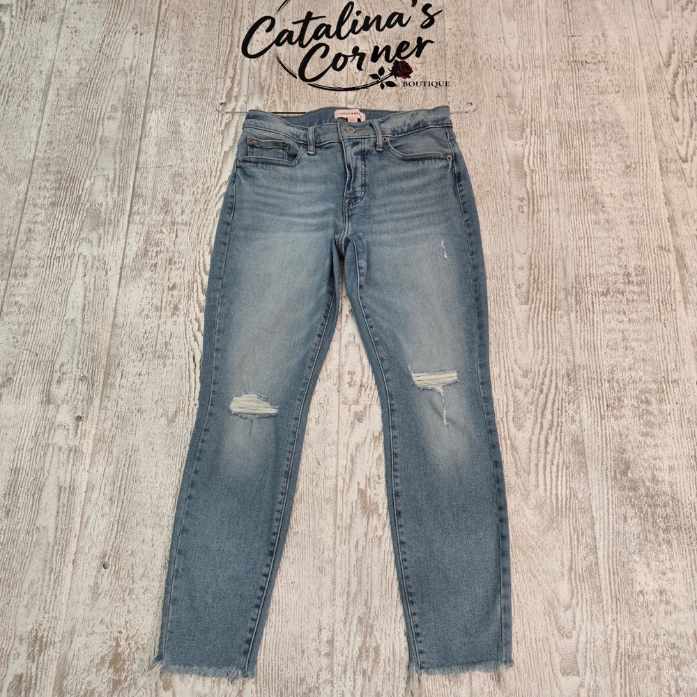 Lucky Brand Women Mid Rise Skinny Jeans Light Wash Distressed Frayed Hem Size 6